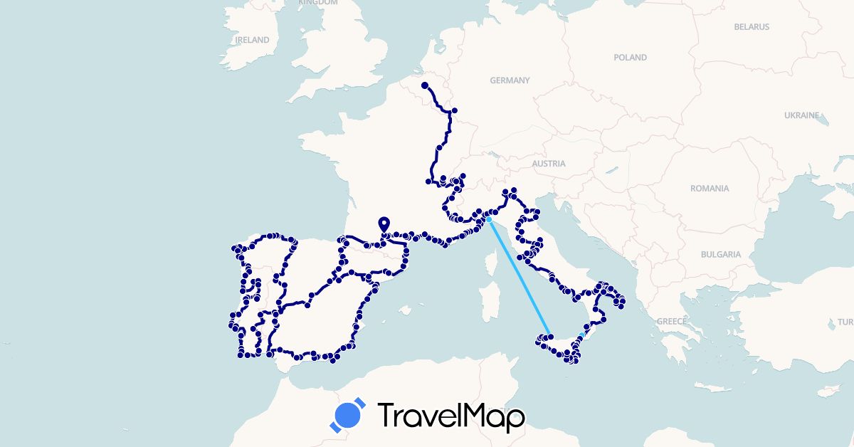 TravelMap itinerary: driving, boat in Belgium, Switzerland, Spain, France, Luxembourg, Portugal (Europe)